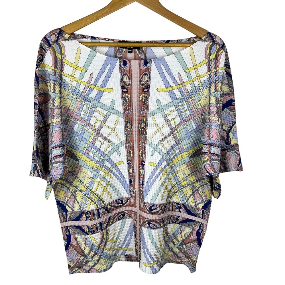 Kriss Sweden Artsy Multi Color Plisse Stretch Top L/XL Boat Neck Batwing Sleeve